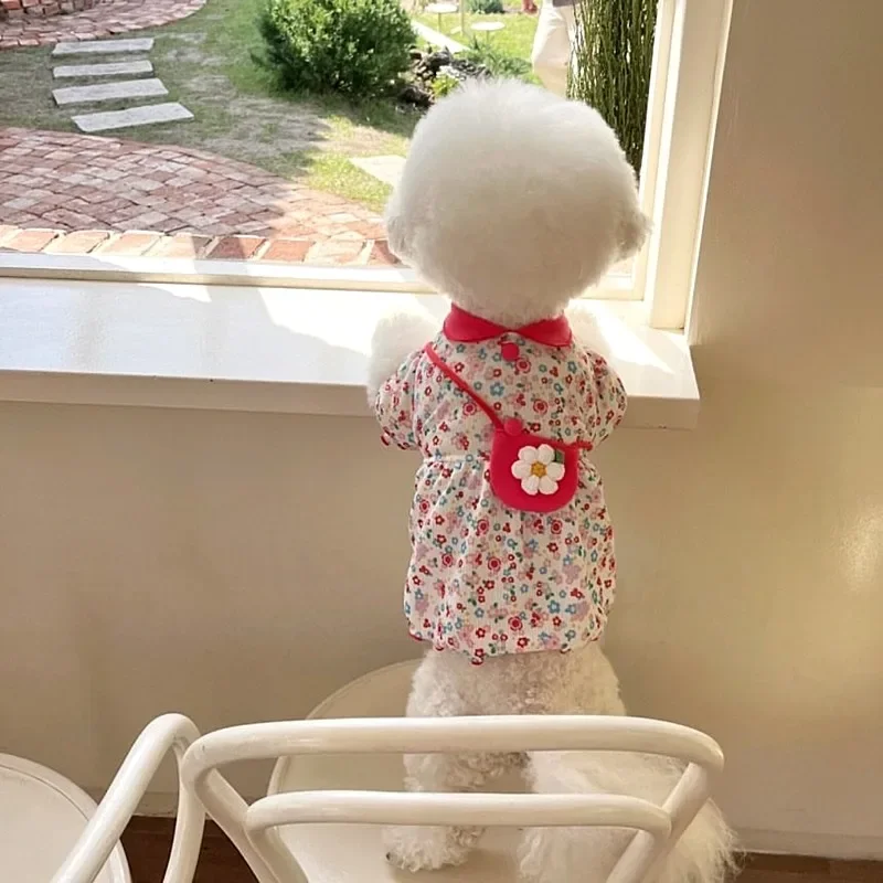Sin bolsa, falda para perro mascota femenina, ropa fina de verano para perros pequeños, vestido Floral con estampado completo de peluche, vestido de princesa de flores, Jersey bonito - imagen 2