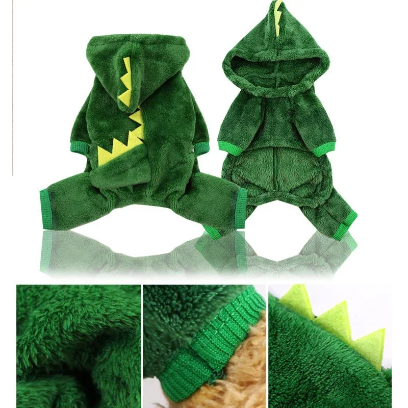 Disfraz de dinosaurio para mascotas, Sudadera con capucha cálida de lana de Coral para perro y gato, suéter lindo para cachorro, ropa de Cosplay de cuatro patas, Otoño e Invierno - imagen 5