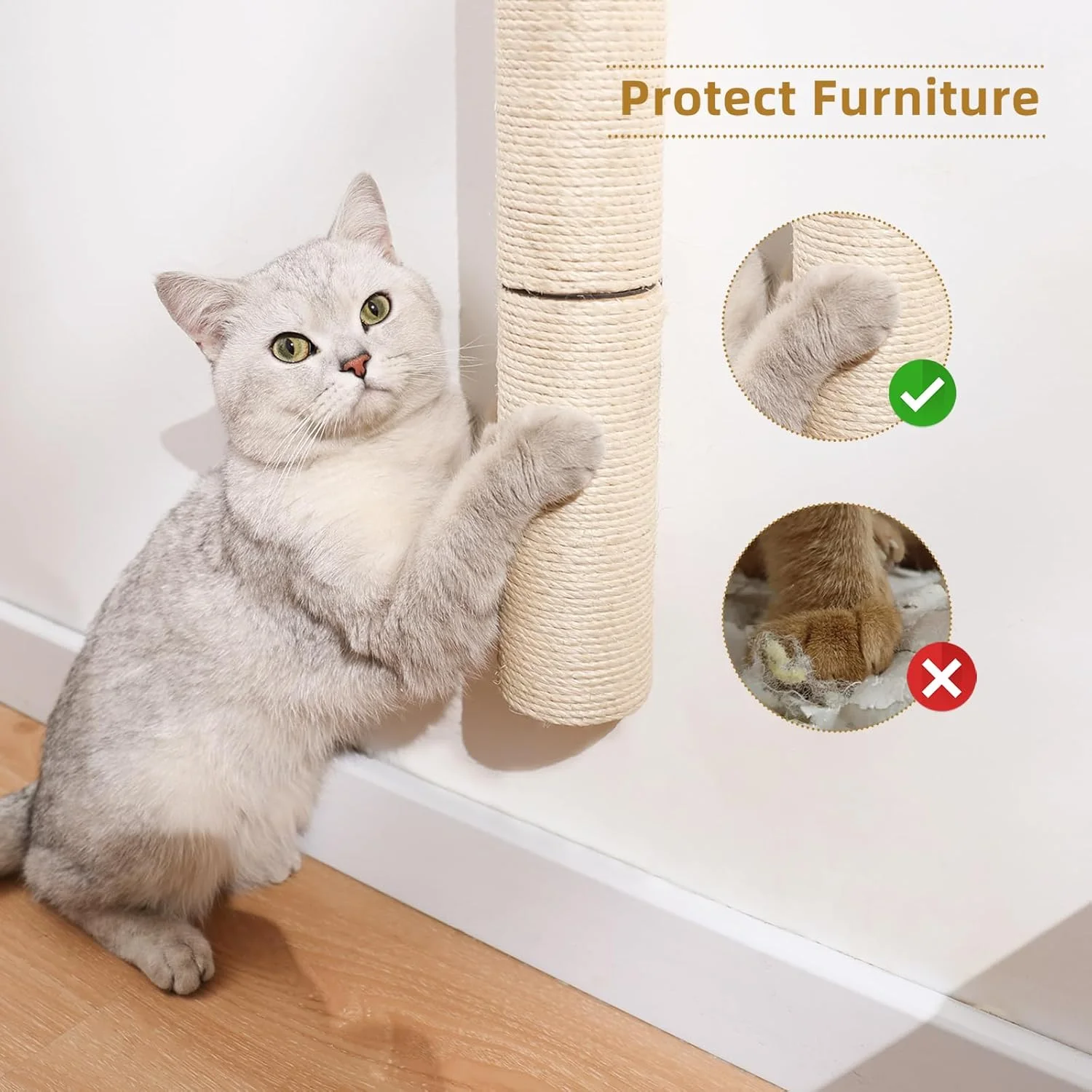 Tablero para rascar gatos montado en la pared, poste para rascar gatos de sisal, pared de madera maciza, molienda de garra de gato para el hogar - imagen 2