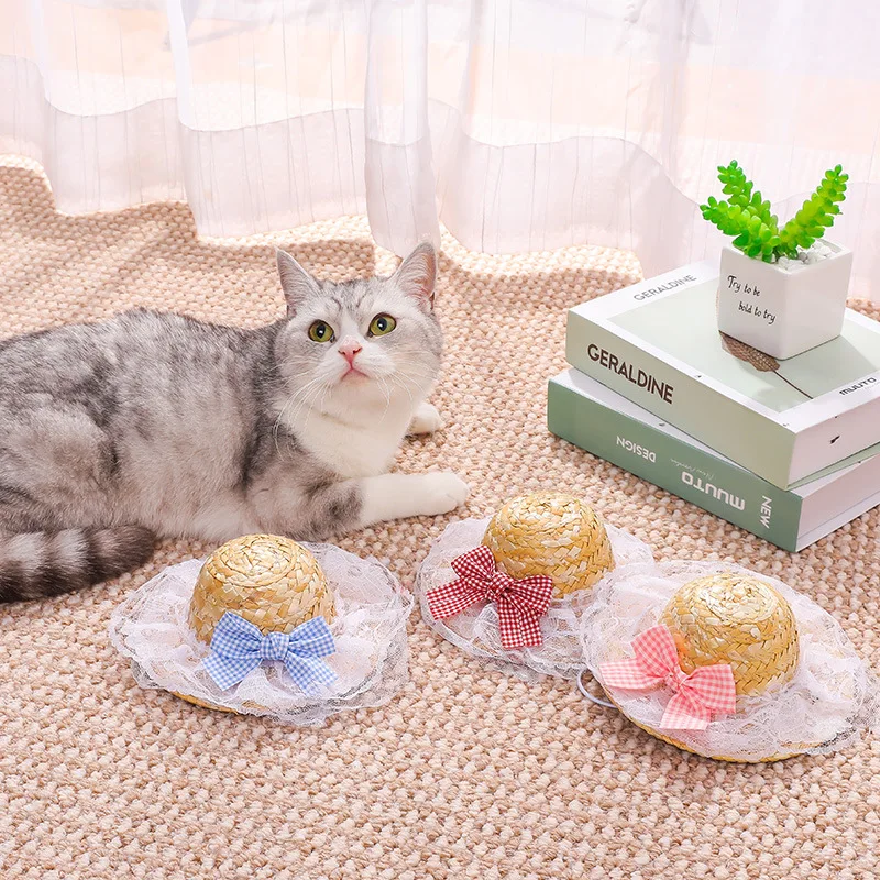 Sombrero de paja coreano Popular, sombrero de granjero de estilo extranjero, sombreros para el sol, gato mascota, divertido, Retro, bonito lazo, productos para mascotas de moda - imagen 3
