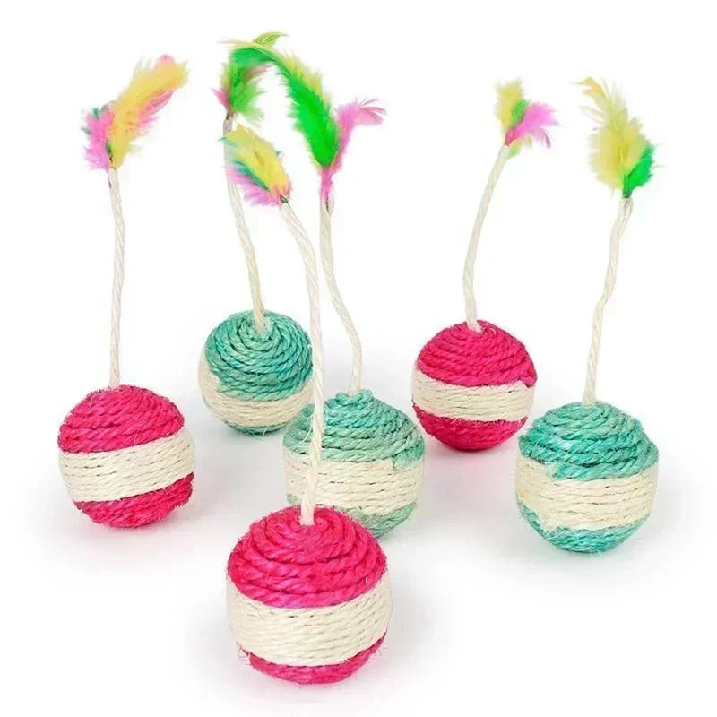 Pelota rascadora de Sisal para gatos, juguete de entrenamiento para gatitos, suministros para gatos, juguete de plumas, productos interactivos para mascotas, 1 ud. - imagen 3