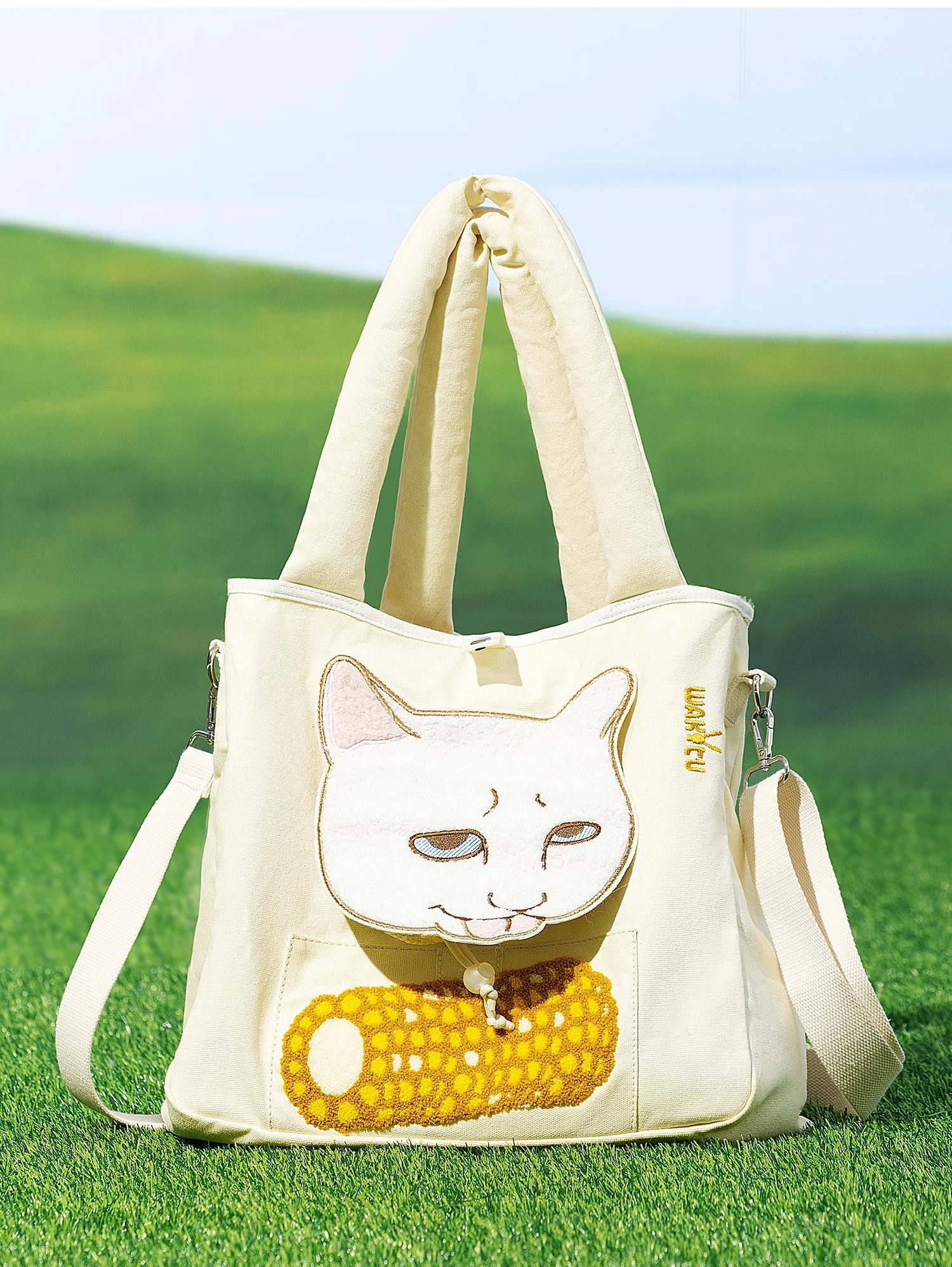 Bolso de mano plegable de lona para mascotas, bolsa de transporte para mascotas de lado suave con correa bien acolchada, bandolera para gatos, bolso de hombro de lona para mascotas - imagen 2