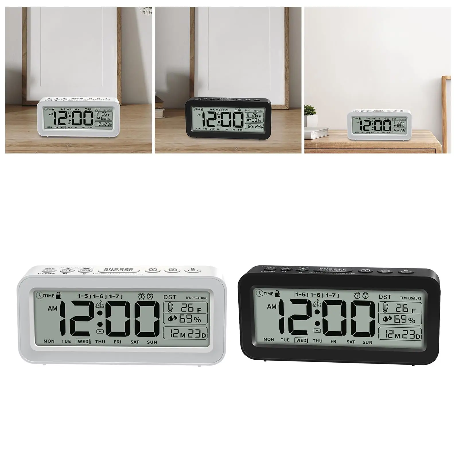 Reloj despertador digital Reloj digital Función de repetición práctica Fecha/Hora/semana multifuncional para mesita de noche Sala de estar Oficina