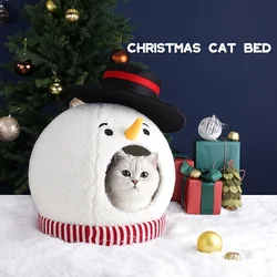 Cama cueva invierno para gatos con muñeco de nieve y almohada suave