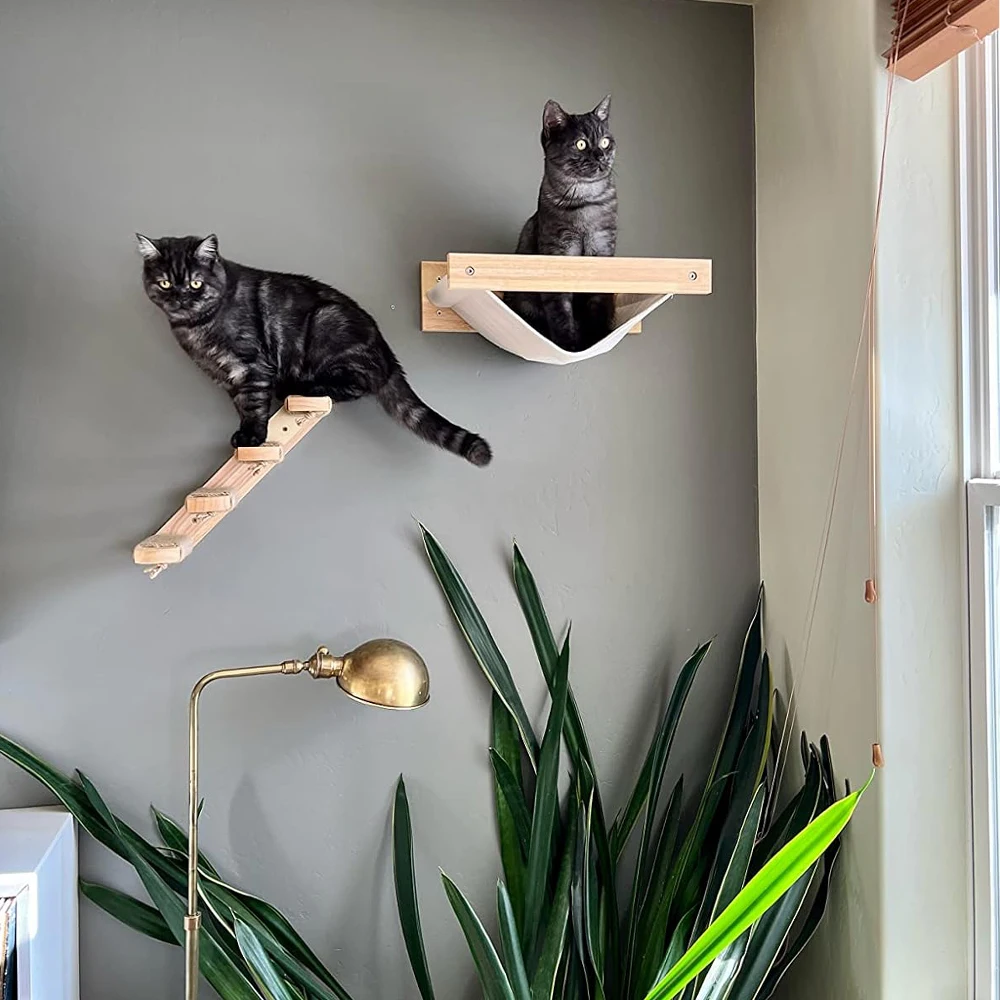 Hamaca de madera montada en la pared para gatos, muebles para interiores, escalera de escalada con poste de rascado para gatitos, para dormir y jugar - imagen 4