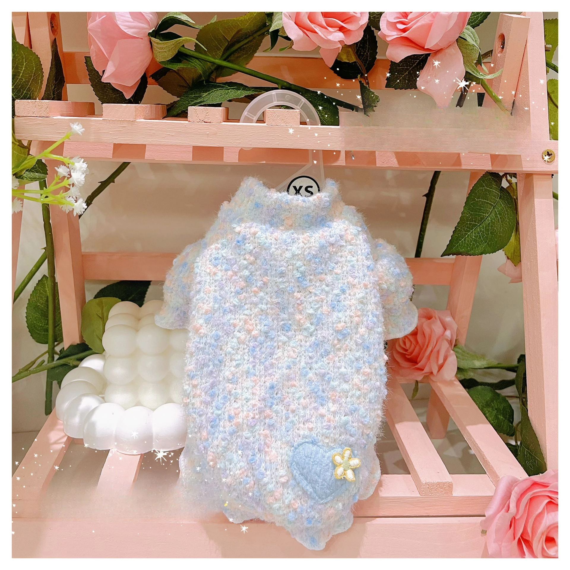 Suéter de manga de burbuja con cuello alto para otoño/invierno para mascotas, suéter tejido con manga de capullo de flor de amor, abrigo Base cálido para invierno, ropa para cachorros - imagen 3