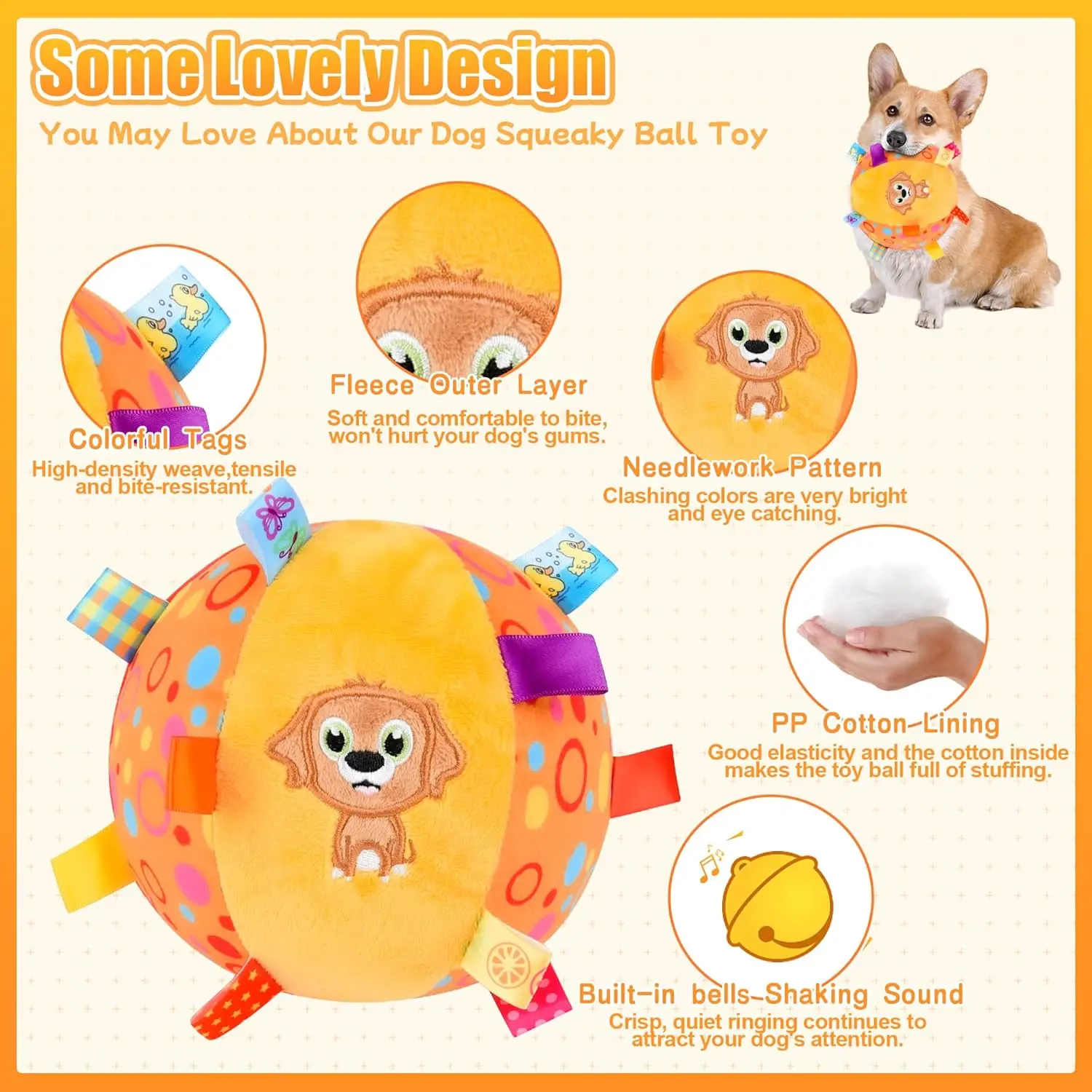 Squeaker-pelota de peluche para perro, juguete de masticar relleno de algodón suave de 6 pulgadas, entrenamiento, descompresión, juguetes interactivos para perros de todos los tamaños - imagen 2