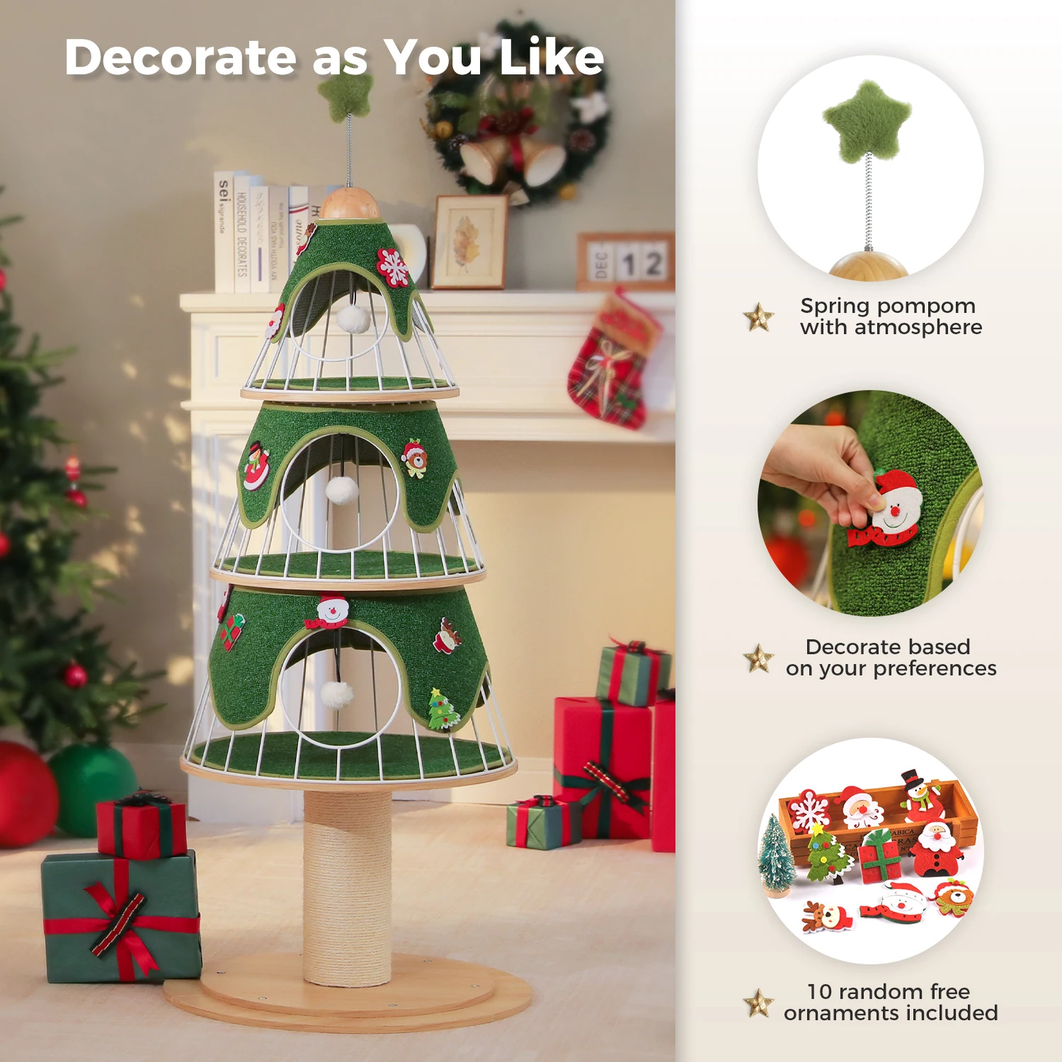 Árbol de Navidad para gatos, torre para gatos de varios niveles con 3 condones acogedores, poste rascador de Sisal, cama para gatos, muebles para gatos, accesorios para gatos - imagen 3