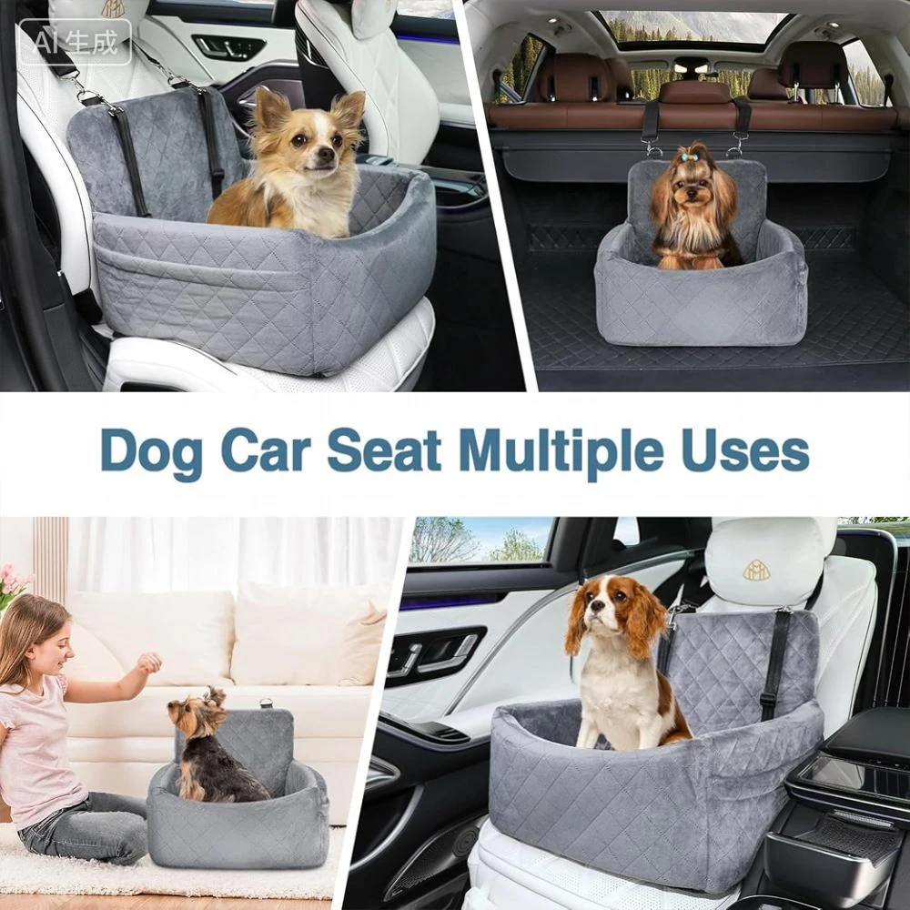 Asiento de coche portátil cálido para perros pequeños y medianos con cojín lavable, cinturón de seguridad para cama, bolsillo de almacenamiento para viajes al aire libre, 1 ud. - imagen 3