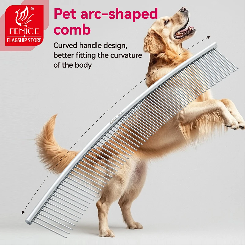 Peine de aseo curvo para mascotas Fenice, cepillo de acero inoxidable en forma de arco con dientes densos y esparsos para perros y gatos, suministros de aseo para mascotas - imagen 2