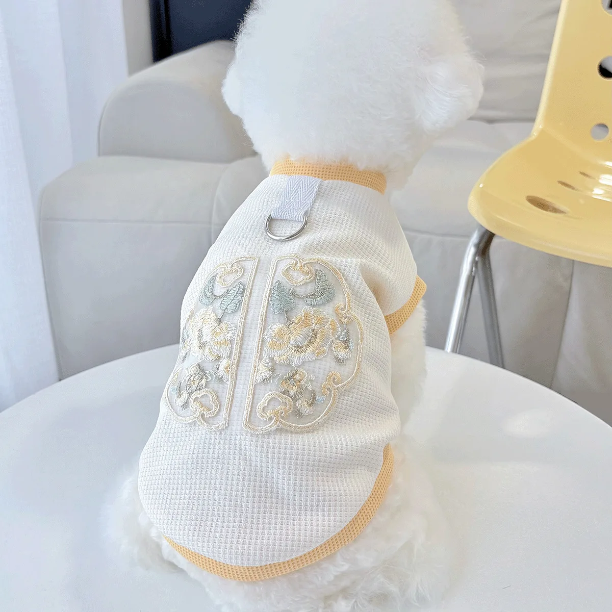 Ropa de primavera para mascotas, bordado, perro, gato, Top de color caramelo, chaleco tipo gofre dibujable, ropa para cachorros - imagen 3