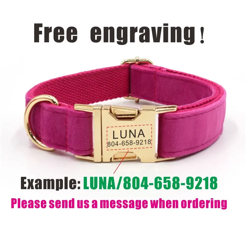 Collar de perro personalizado, correas a juego, contactos de nombre de identificación personalizados, hebilla de Metal, collares ajustables de terciopelo rojo rosa para perros y mascotas - imagen 4