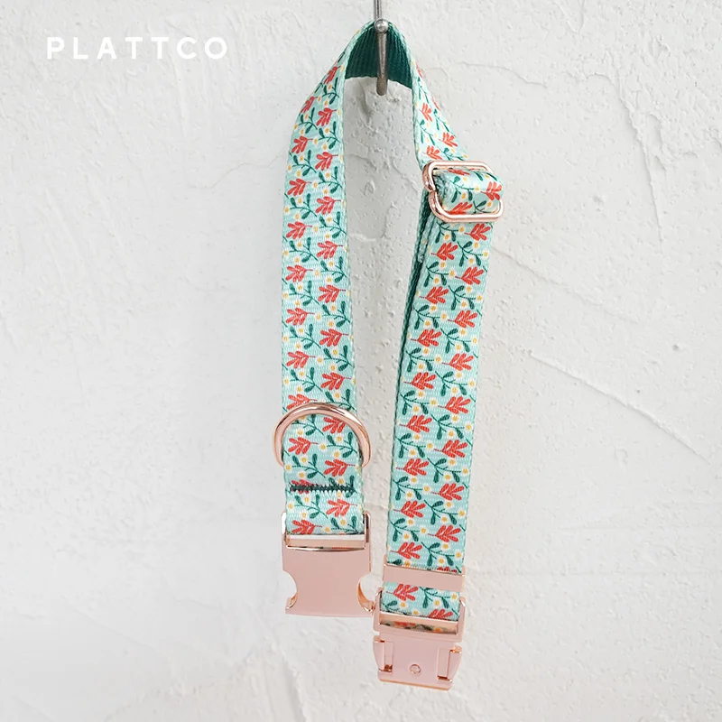 PLATTCO conjunto de perro de diseño único estampado patrón FRANGIPANI BLANCO con hebilla de oro rosa de alta calidad 5 tamaños PDC343RG&PDL343RG&PBT182 - imagen 3