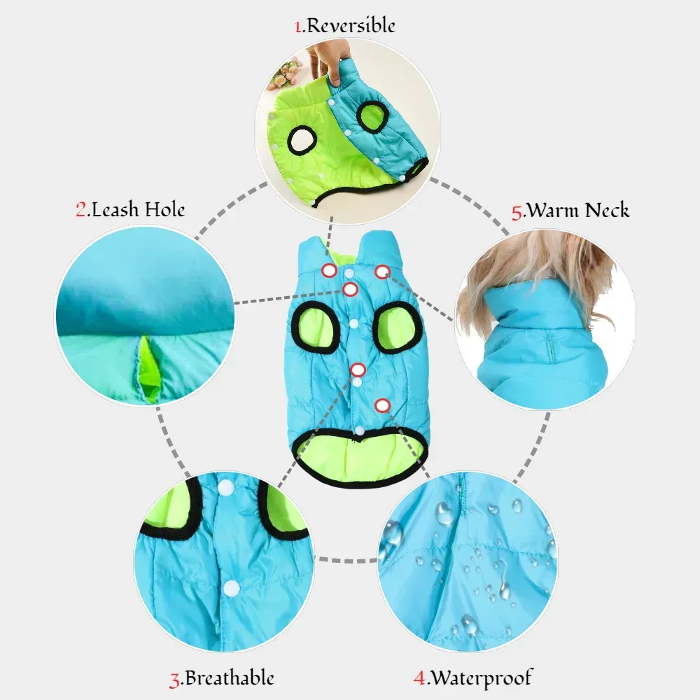 Abrigo Reversible para perros con orificio para correa para perros pequeños y grandes, chaqueta cálida de invierno para mascotas, Parka impermeable para Chihuahua Labrador Retriever - imagen 2