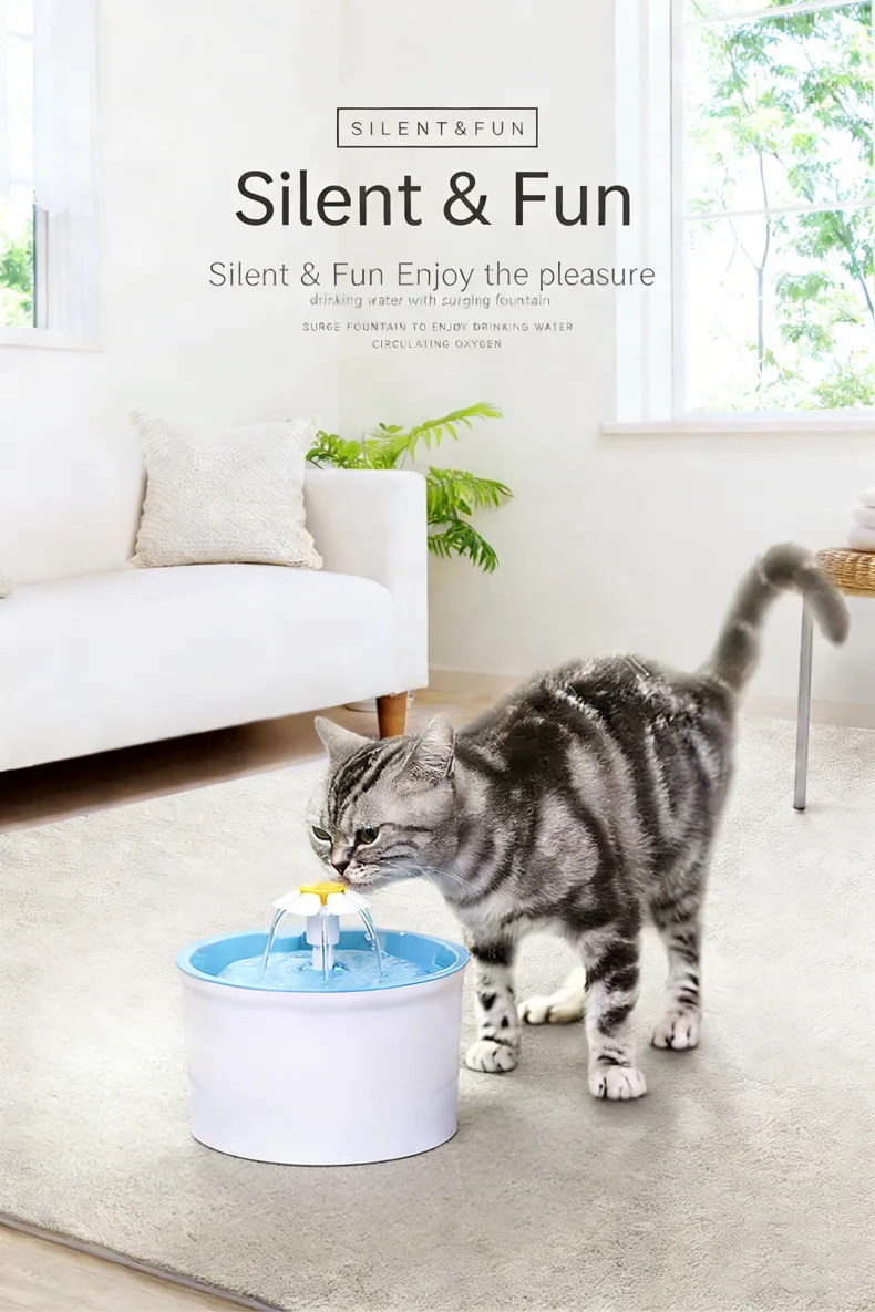 Bebedero para gatos con diseño de flor y agua en circulación