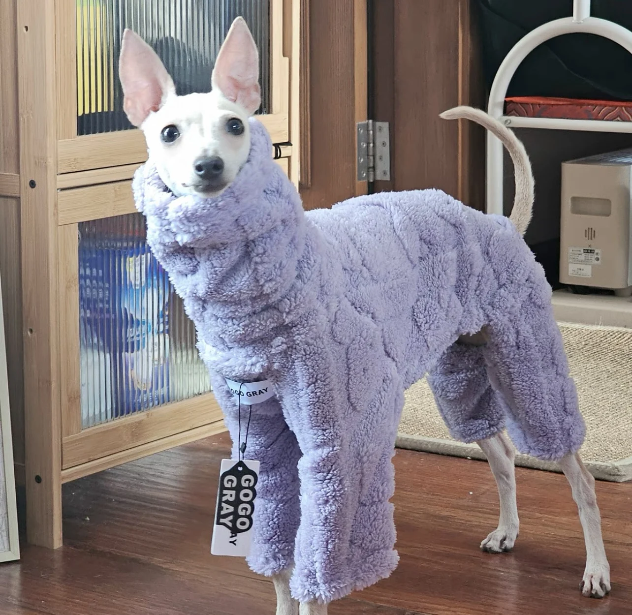 Suéter morado de 4 patas de felpa larga a la moda para galgo, abrigo grueso y cálido de manga larga con cuello alto para caniques, ropa de descanso Whippet