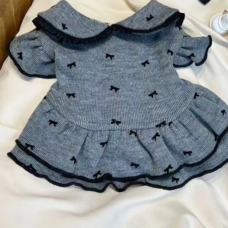 Ropa para perros con lazo gris de verano e invierno, Falda de punto de peluche bonita, media falda de encaje con lazo, vestidos finos para perros pequeños - imagen 4