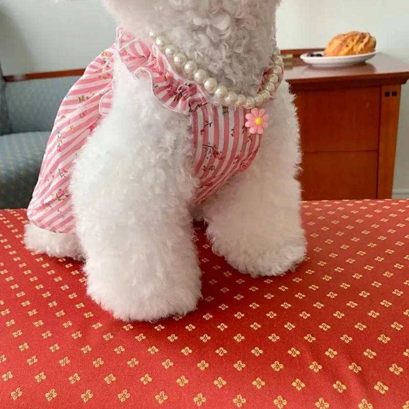Vestido de peluche a rayas para mascotas, ropa de verano para perros, Bichon Frise, bonito vestido para cachorros, Jersey suave, ropa Floral para perros - imagen 4