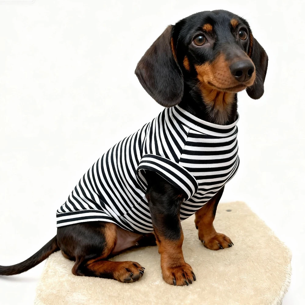 Camiseta de manga corta de algodón a rayas para perros pequeños Wiener, sudadera cálida para perros en miniatura, mono suave para perros de tejón - imagen 3