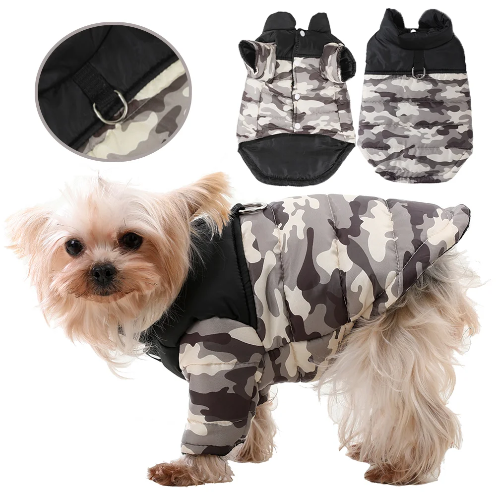 Ropa impermeable para perros, chaqueta cálida a prueba de viento para mascotas con anillo en D, estampado de camuflaje, trajes para mascotas para perros pequeños y medianos, Pug