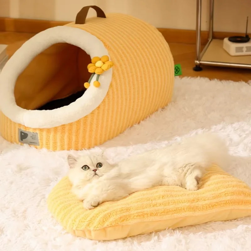 Nido de gato de peluche grueso y cálido, cómoda casa para mascotas para dormir profundo, perrera portátil semicerrada para gatos pequeños y medianos, Sup para mascotas - imagen 5