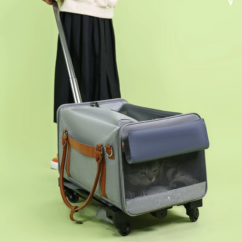 Mochila portátil para transportar mascotas con ruedas, carrito para gatos, suministros portátiles para salir, equipaje plegable, bolsa para mascotas, suministros de productos