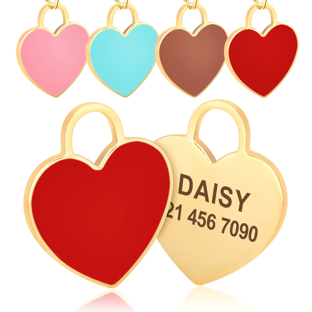 Etiqueta de identificación personalizada para perros y gatos, placa de identificación grabada gratis, colgante para Collar de mascotas, accesorios de corazón, Shpae