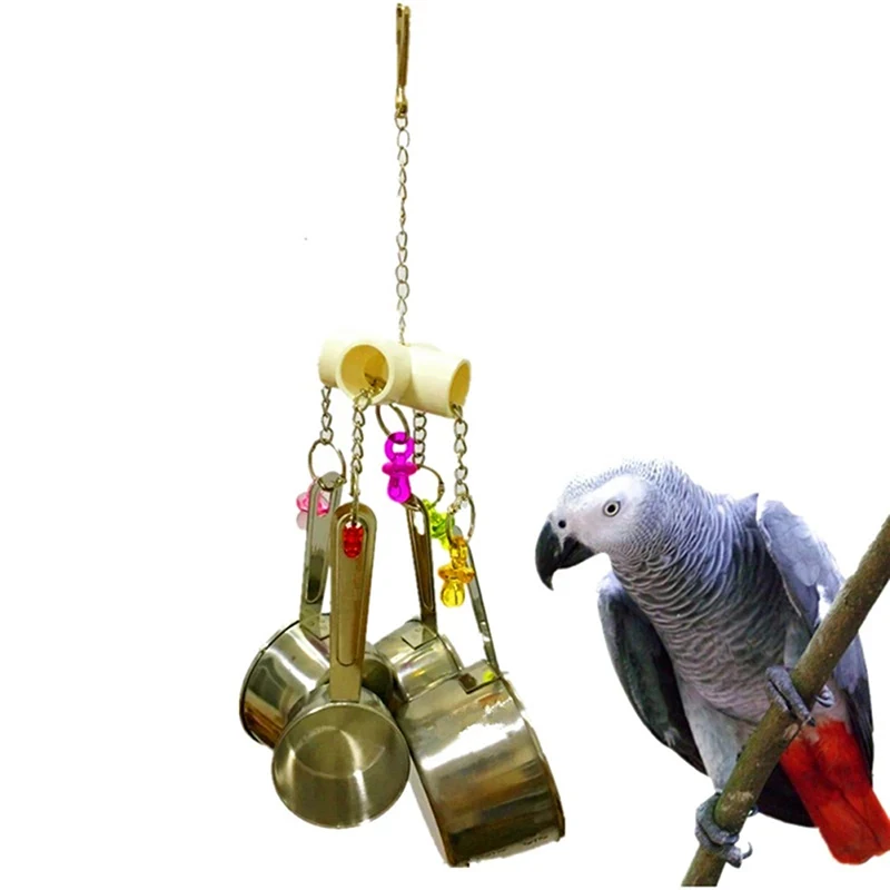 Piezas de juguete para pájaros y loros, 4 macetas de acero inoxidable, cuerda para masticar pájaros, juguetes para morder, jaula acrílica, accesorios para mascotas, suministros para pájaros, 1 unidad - imagen 3
