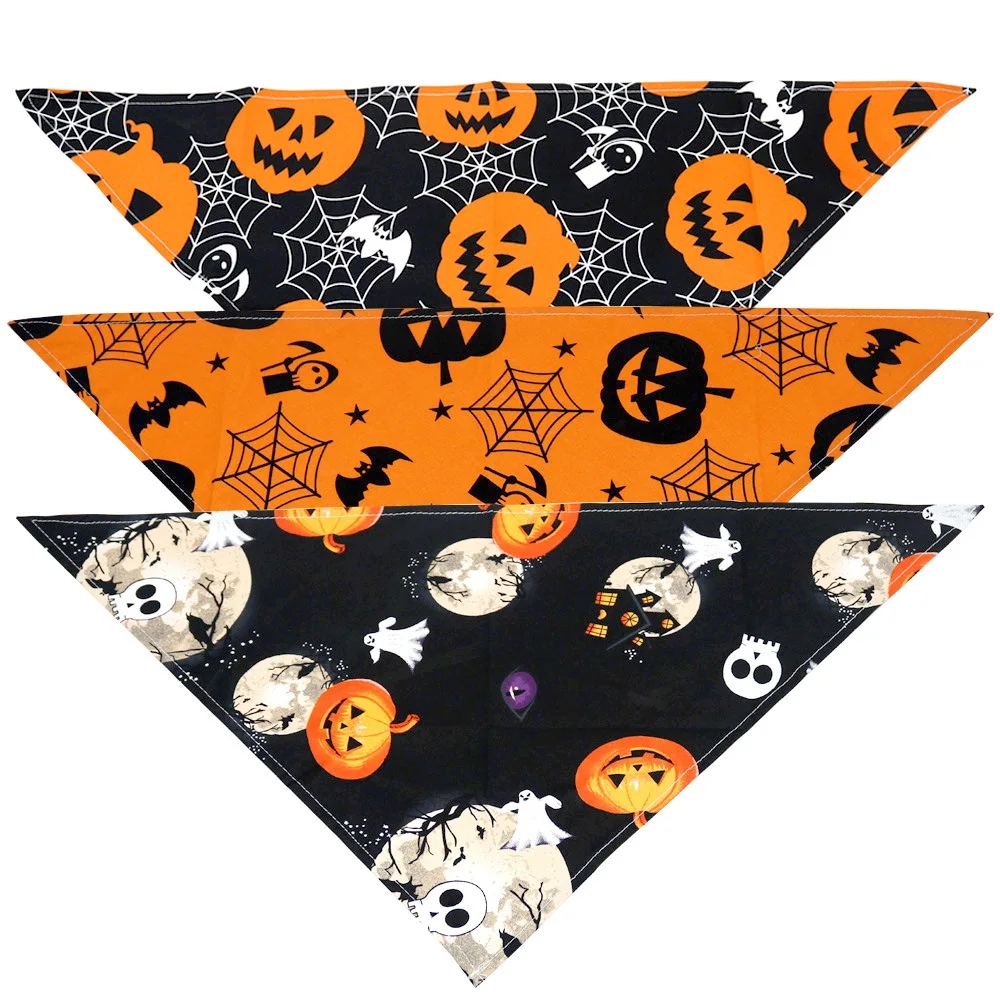 Toalla de Saliva para mascotas, bufanda con estampado de calabaza y calavera de Halloween, accesorios, bufanda triangular para perros - imagen 2