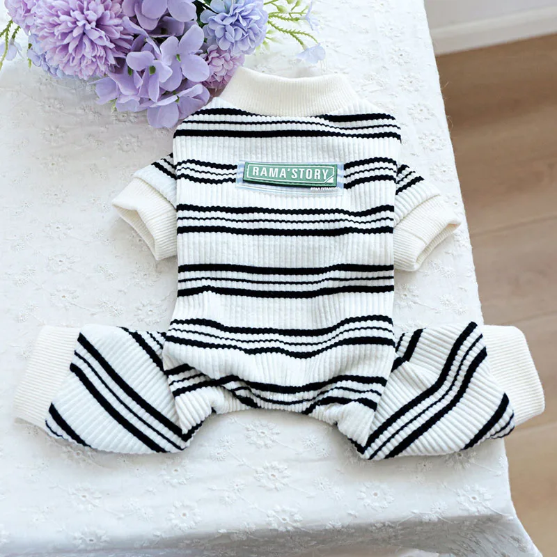 Pijama para perro y gato, Mono Blanco y negro con capucha y rayas de 4 Patas, ropa para perros pequeños, Mono para cachorro, pijama PJS # L - imagen 5