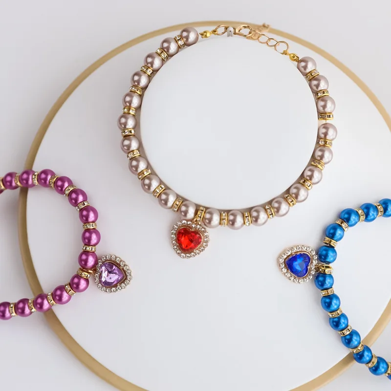 Collar de perlas para mascotas con colgante de corazón, collar de perlas falsas ajustable para perros pequeños y gatos, joyería para fiesta de boda, accesorios para mascotas - imagen 3