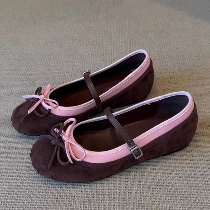 Zapato Mary Jane de gamuza para mujer – Plano cómodo de punta redonda