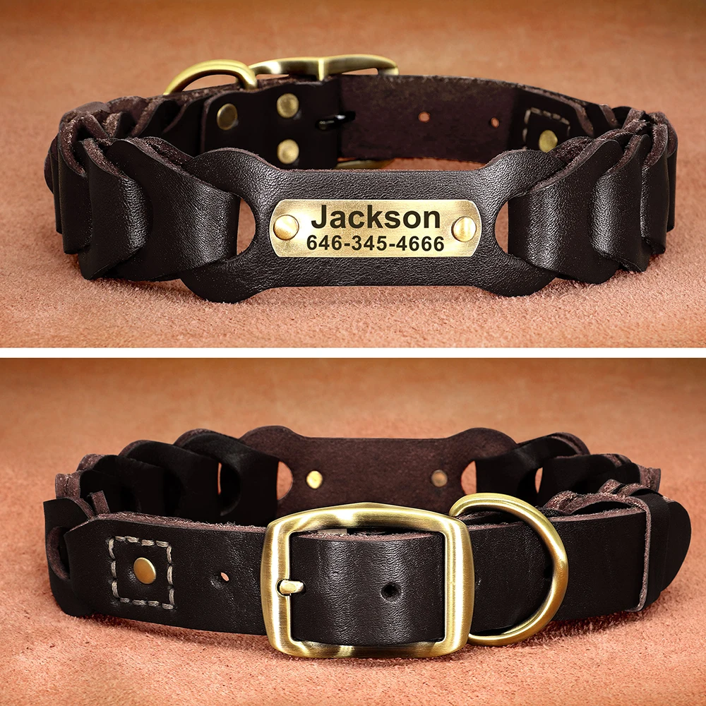 Collar de cuero genuino para perros grandes, personalizado, hebilla de Metal, identificación, antipérdida, perros medianos y grandes - imagen 2