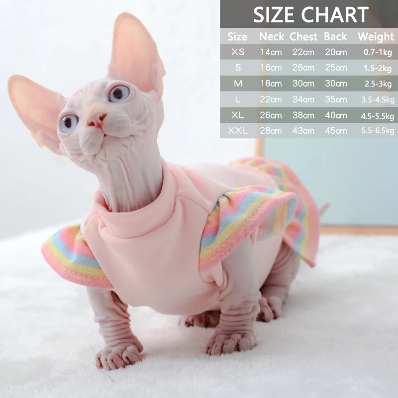 Sphynx Ropa para gatos sin pelo para primavera y otoño, lindo vestido de algodón con mangas con volantes de arcoíris, ropa para mascotas, disfraz, vestido para gato para gatito - imagen 4