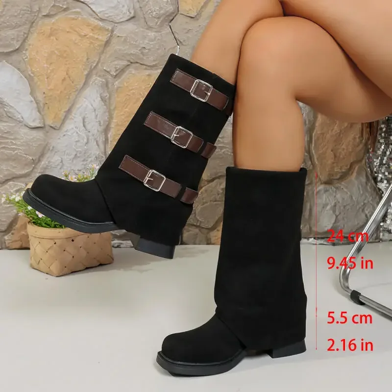 Botas de media pantorrilla de gamuza con hebilla de cinturón de Metal Punk para mujer, Botas Largas de tacón alto grueso Vintage de invierno, Botas de diseñador para mujer