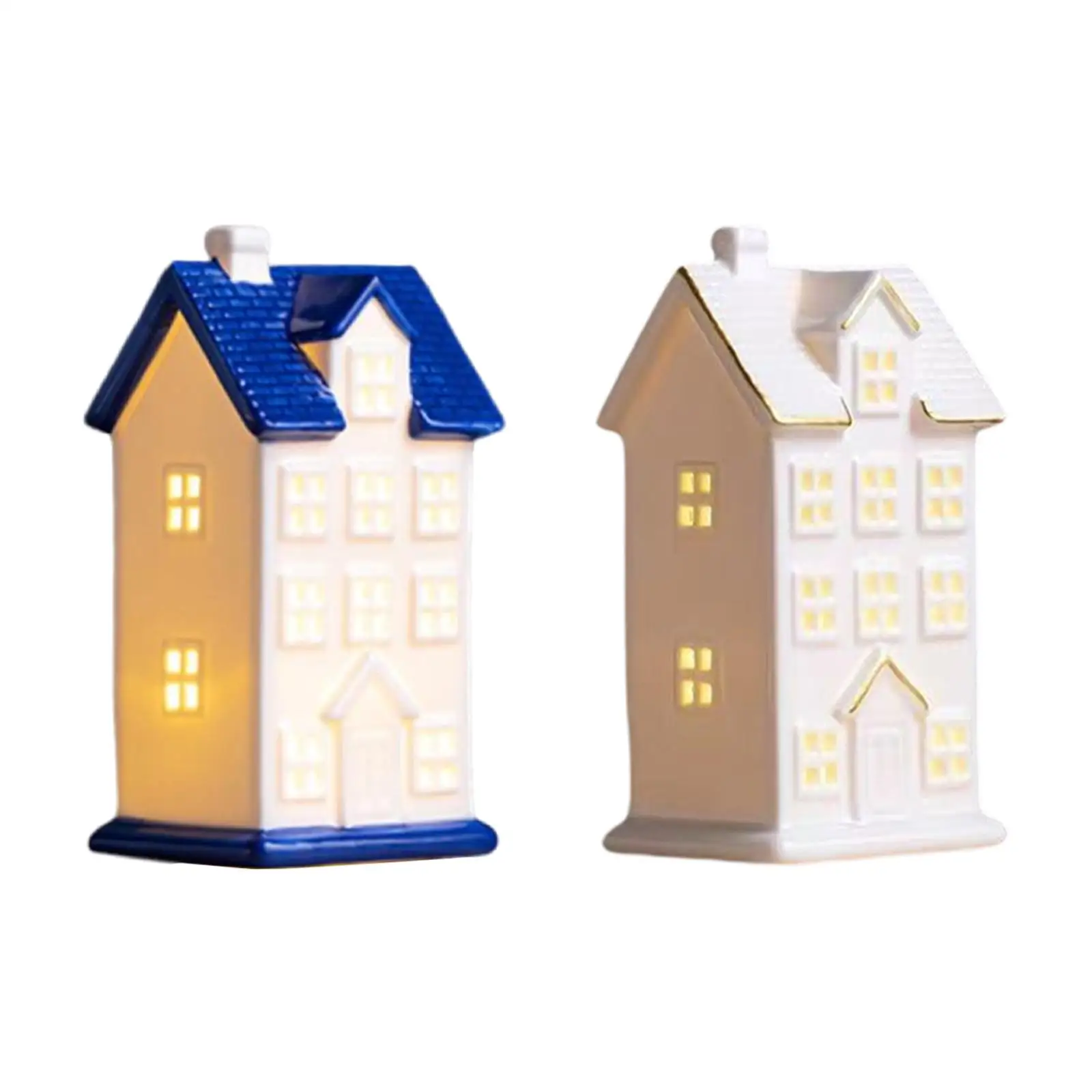 Estatuilla de casa iluminada, figuras de edificios de pueblo navideño, escena de escritorio