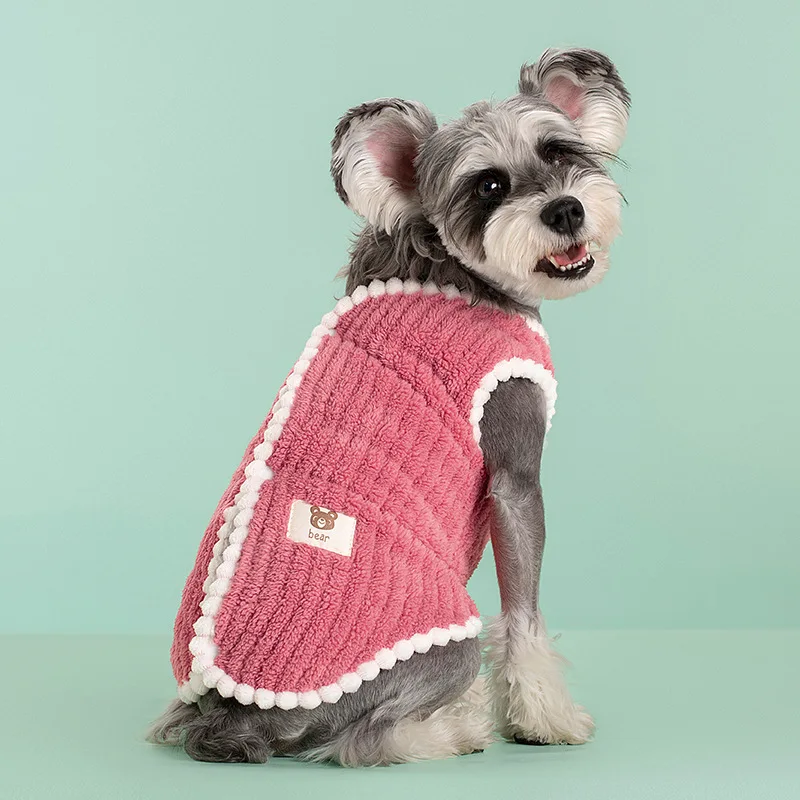 Chaqueta de pana a rayas para mascotas, Chaleco de felpa para perros y gatos, chaleco grueso y cálido con hebilla de tracción, Otoño e Invierno - imagen 4
