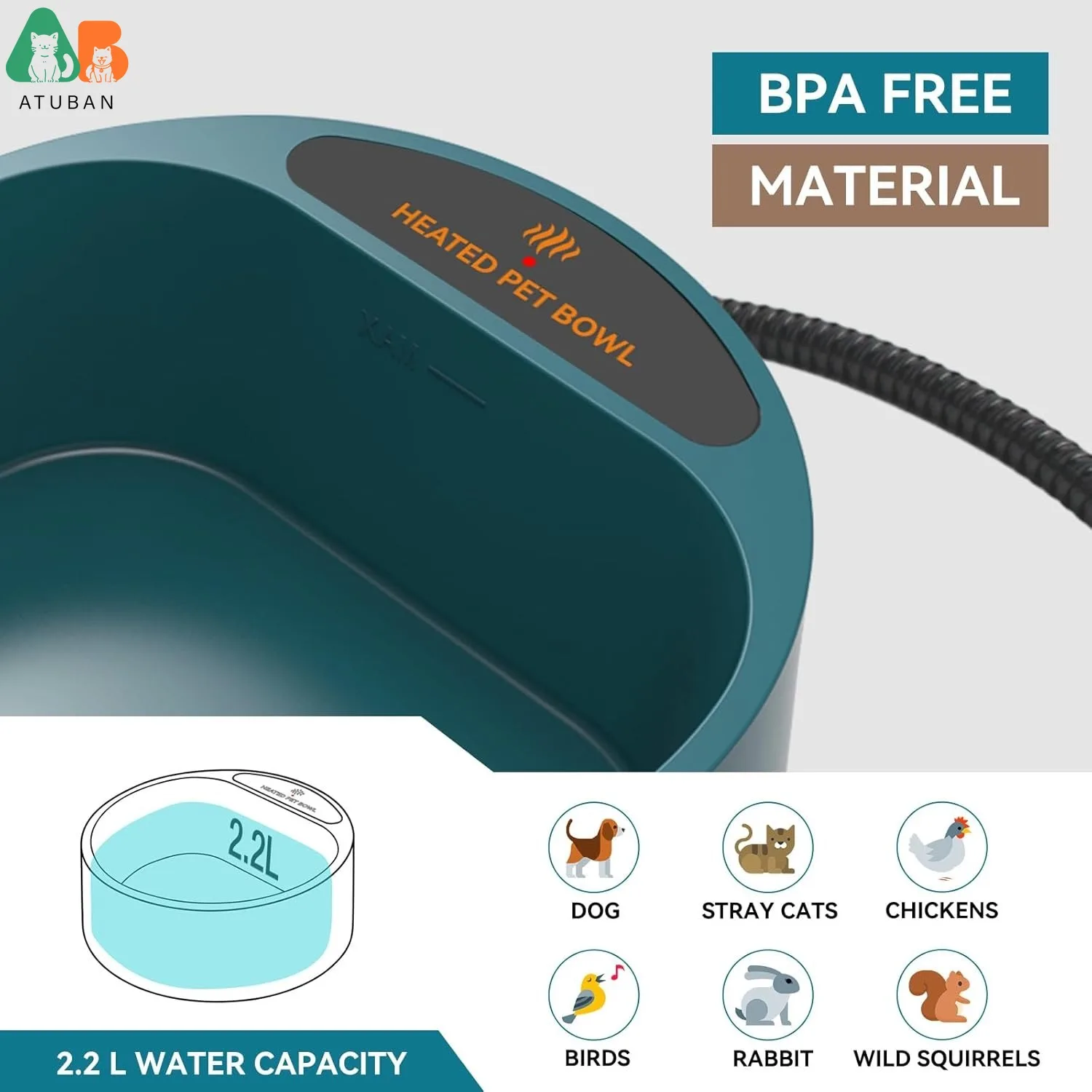 ATUBAN Cuenco de agua calefactable para perros y gatos, cuenco para perros con calefacción al aire libre que proporciona agua potable y comida en invierno, cuenco para mascotas con calefacción de 2,2 L - imagen 3