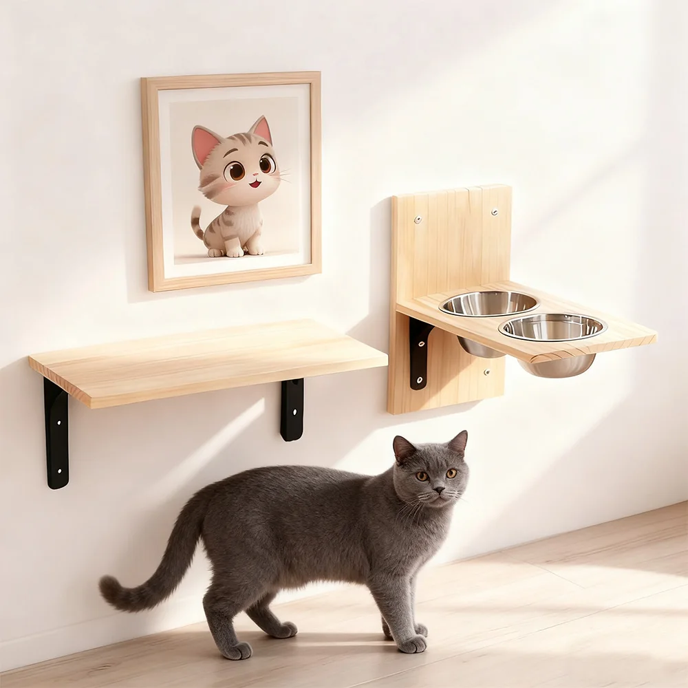 Estación de alimentación para gatos montada en la pared con cuencos dobles de acero inoxidable, percha para gatos, comedero para gatos y plataforma de escalada, muebles de interior para gatos - imagen 5