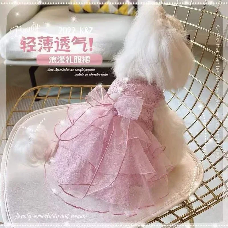 Vestido de princesa de encaje para mascotas, para perros pequeños, gatos, gasa transpirable, traje ligero con lazo para verano, ropa de fiesta de boda - imagen 2