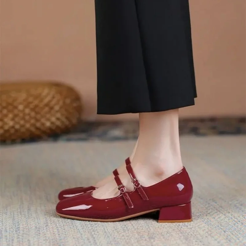 Spring Autumn Women DoubleBuckle Mary Janes Shoes Patent LeatherDress Square Head Square Heel Solid ColorWomen's Shoes