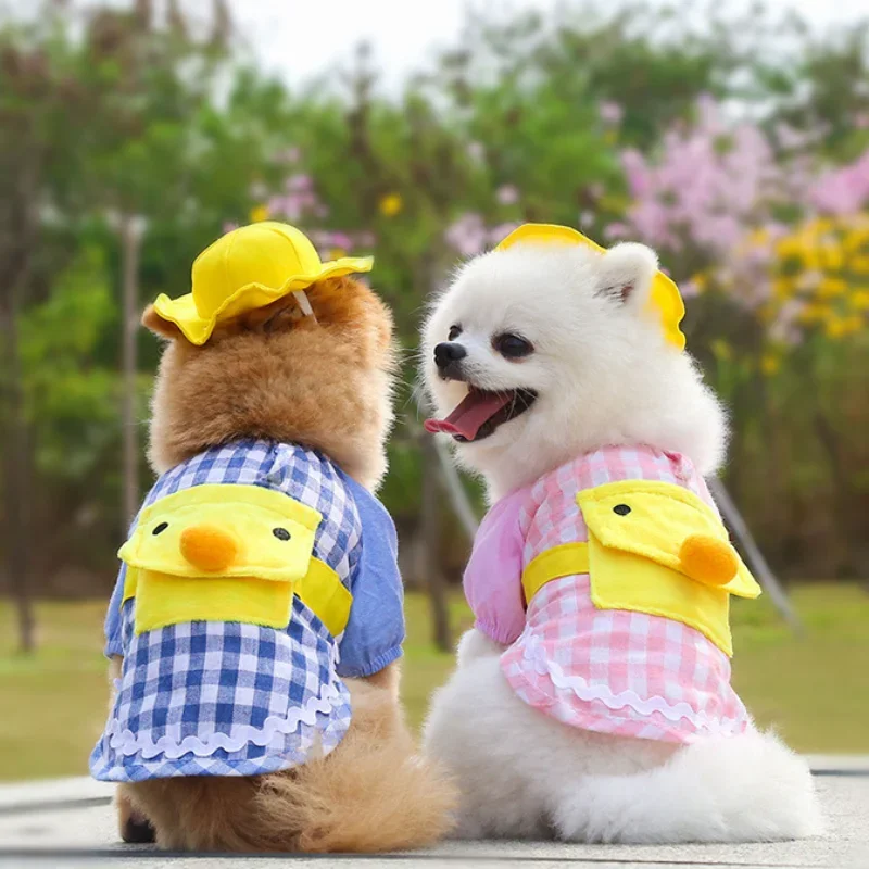 Ropa de jardín de infantes para perros y gatos, lindo pato amarillo, camiseta a cuadros con sombrero, Teddy Bichon Pomerania, abrigo para perros pequeños - imagen 2
