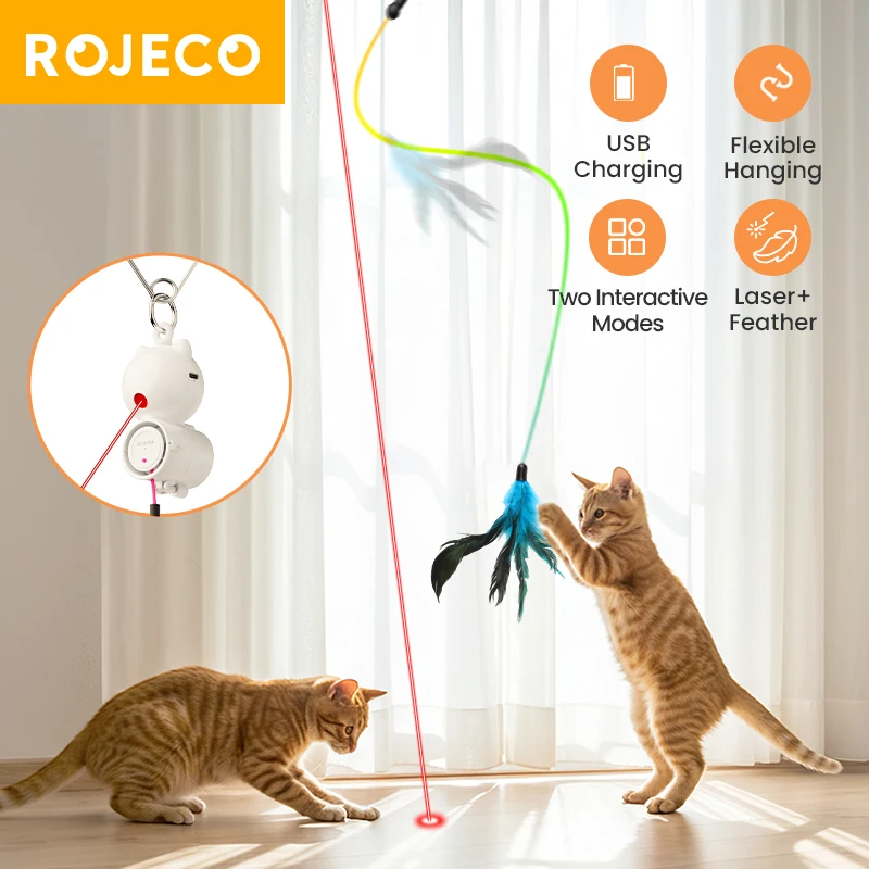ROJECO juguetes automáticos para gatos 2 en 1, juguete láser retráctil para gatos con pluma colgante, juguete interactivo divertido para gatos, perros, mascotas, gatitos