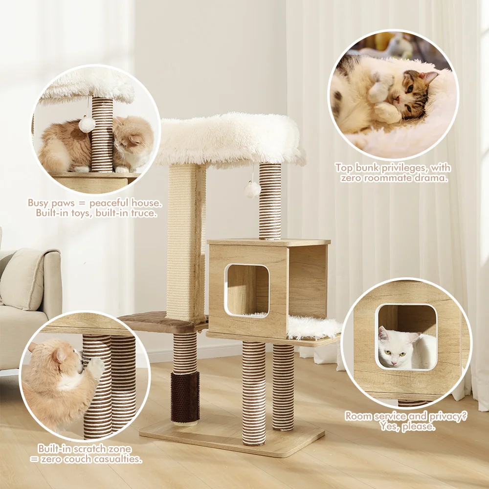 Árbol para gatos mediano de 42 pulgadas, modelo de escalera verde, marco de escalada para gatos, torre para gatos de varios niveles con poste rascador para gatos, perca acogedora para gatos