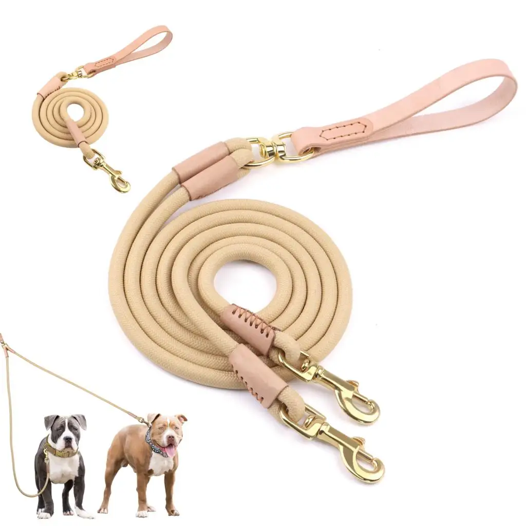 Correa de cuero para perro, doble acoplador, correas para perros de 1 vía y 2 vías, cuerda duradera para caminar para mascotas, Pitbull, Bulldog Francés, Pug