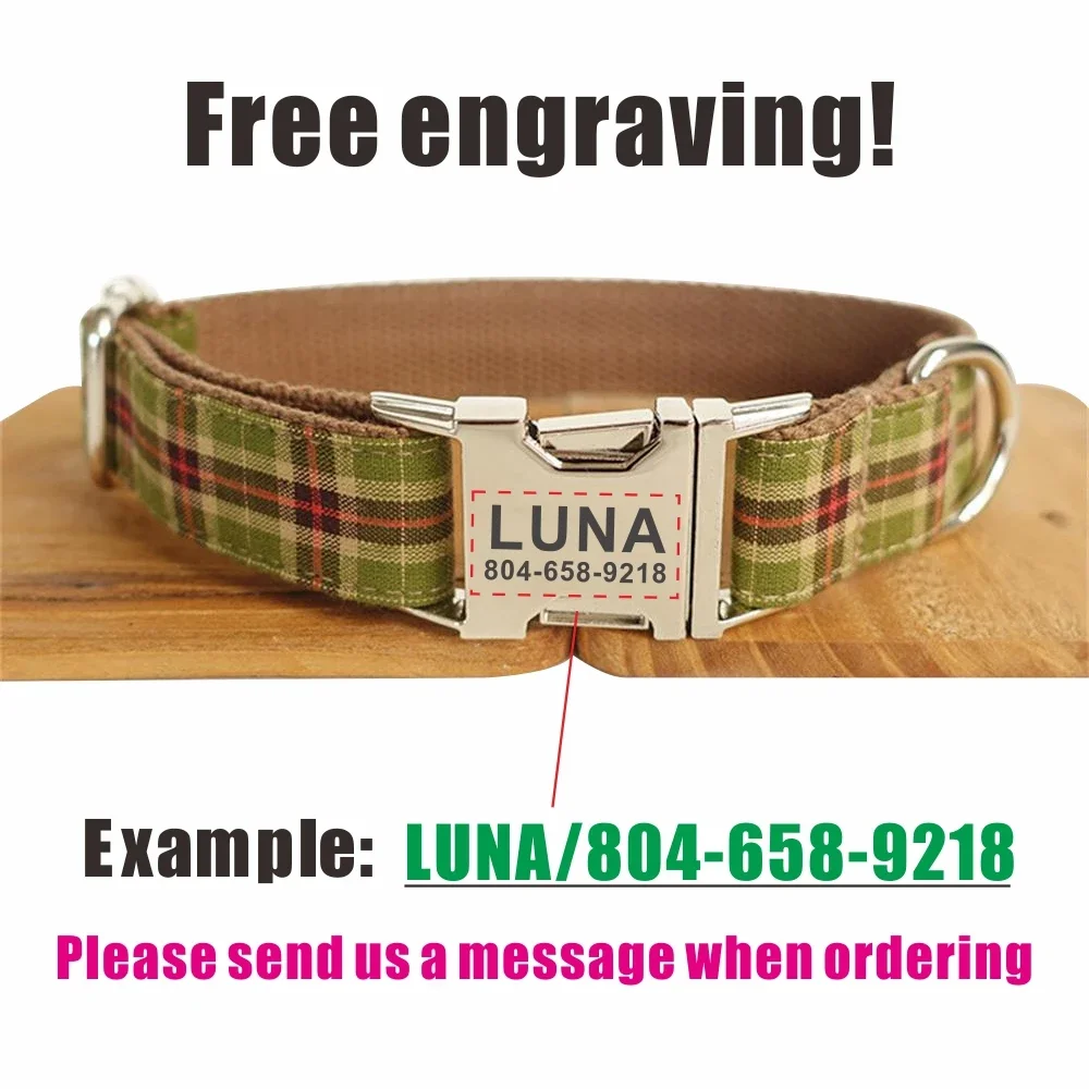 Collar personalizado para mascotas, placa con nombre personalizada, etiqueta de identificación, traje marrón verde suave ajustable, collares a cuadros para perros y gatos, correa de plomo - imagen 4