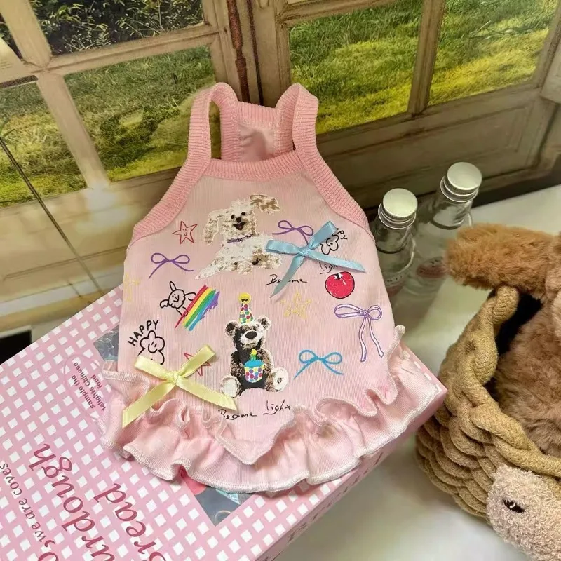 Ins-ropa bonita con lazo para perro, vestido de retazos, chaleco de princesa para perro, falda acampanada elástica de Yorkshire, vestido camisola para perro pequeño - imagen 4