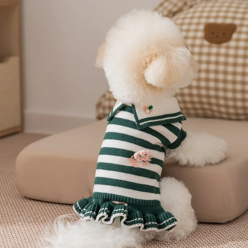 Pet Autumn/Winter Striped Knitted Princess Dress Flower Sweater Dress Pet Coat Dog Clothes for Small Dogs Puppy Clothes - imagen 2