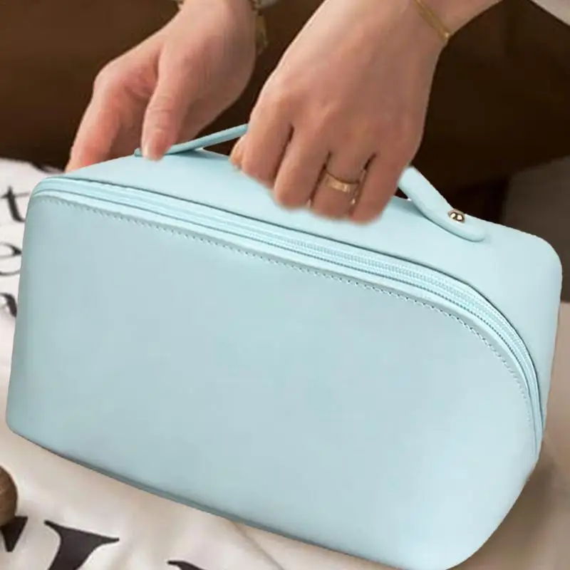 Bolsa de maquillaje de gran capacidad, bolsa de maquillaje de cuero impermeable, bolsa de maquillaje, bolsa organizadora de viaje versátil con cremallera para accesorios - imagen 5