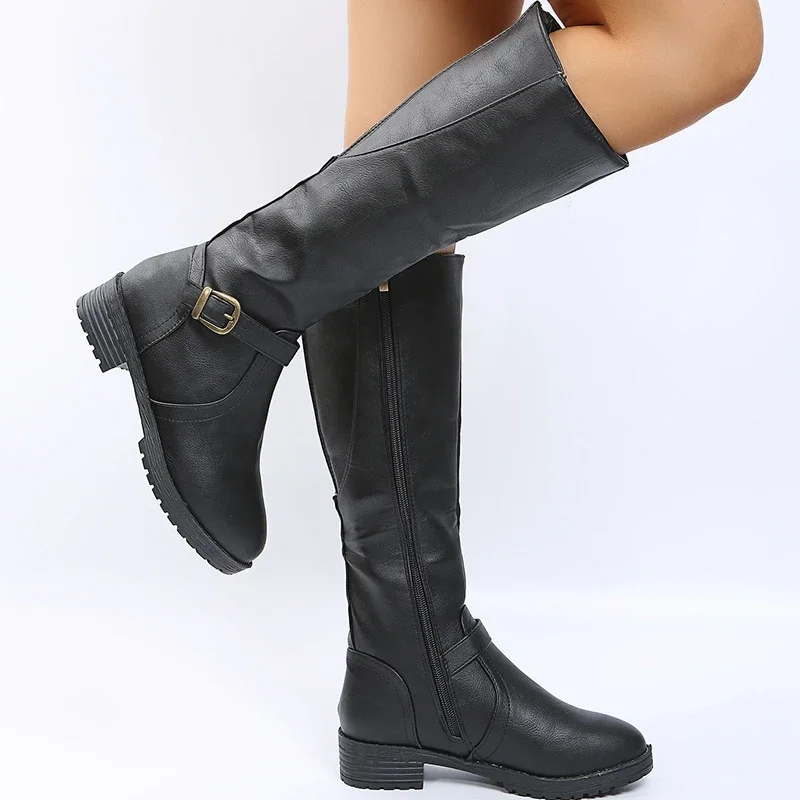 Botas hasta la rodilla Vintage marrones para mujer, botas largas con plataforma de tacón bajo de talla grande, botines cálidos de cuero Pu con cremallera para otoño e invierno - imagen 5